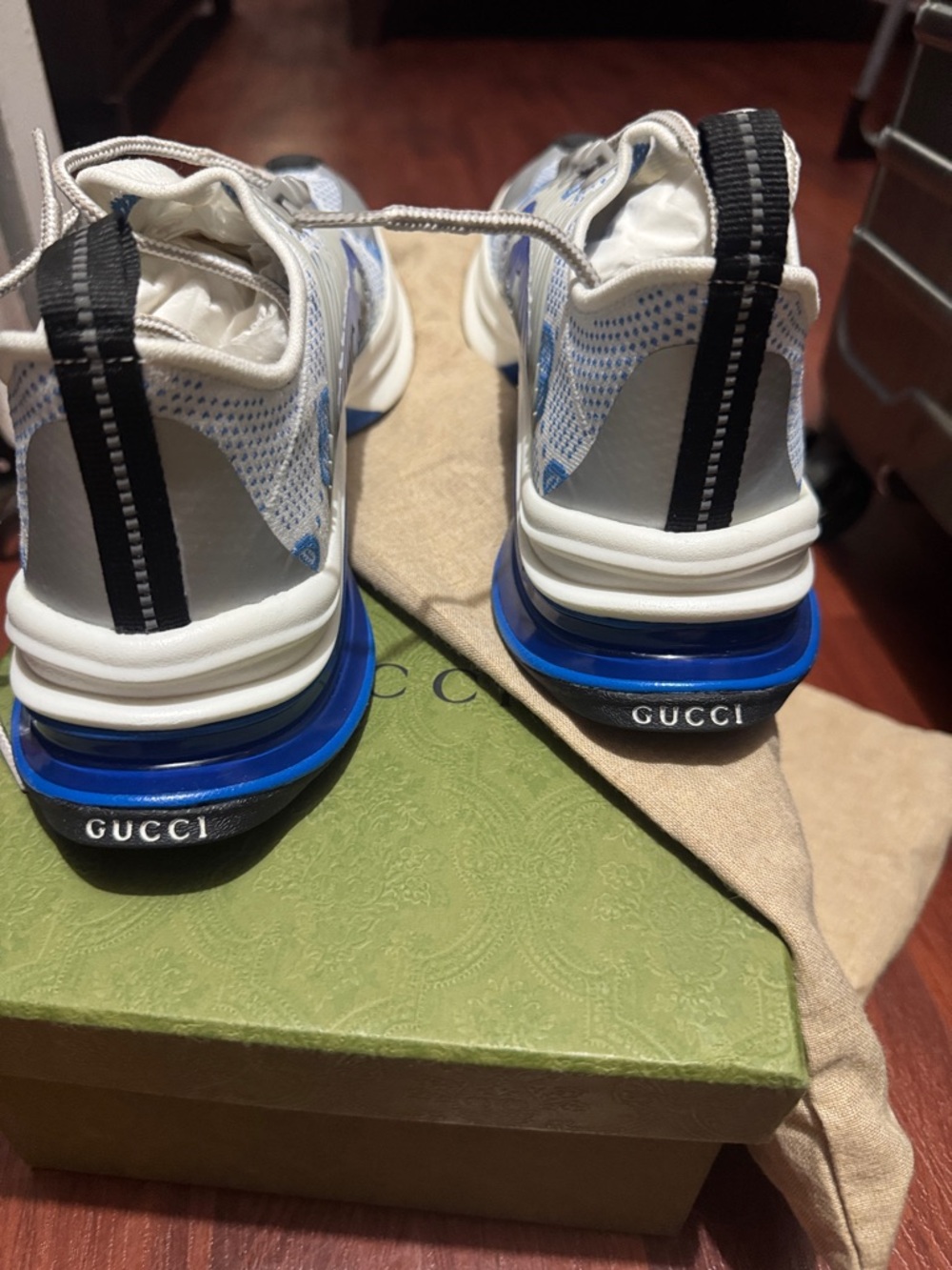 Gucci White and Blue GG Mesh Runner Sneakers - Picture 2 of 5